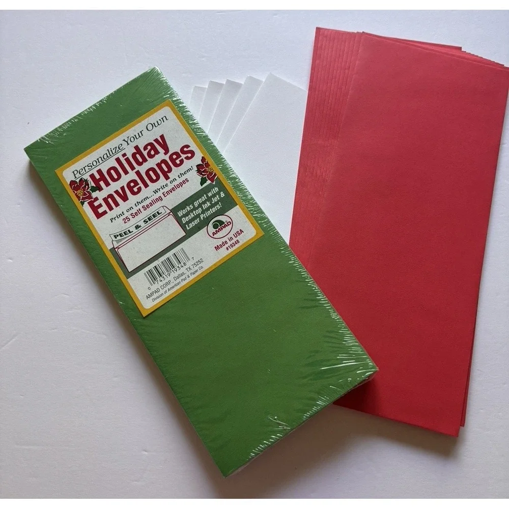 Holiday envelopes Red N Green 38 Self Sealing 9.5 in x 4 in Personalize or print